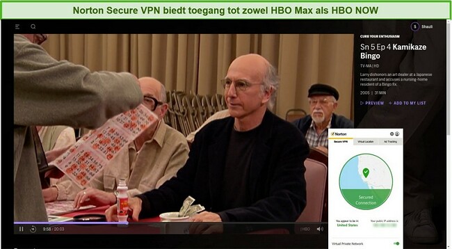 Screenshot van Norton Secure VPN waarmee HBO Max wordt gedeblokkeerd en streaming Curb Your Enthusiasm.