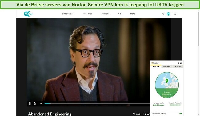 Screenshot van Norton Secure VPN waarmee UKTV wordt gedeblokkeerd en Abandoned Engineering wordt gestreamd.