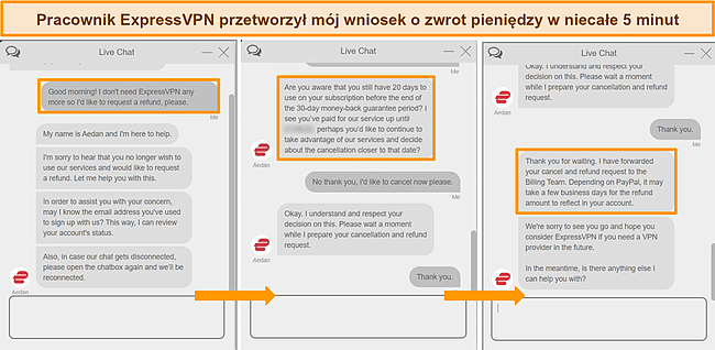 Zrzuty ekranu agenta czatu na żywo ExpressVPN przetwarzającego żądanie zwrotu pieniędzy.