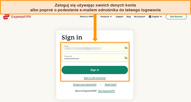 Zrzut ekranu strony logowania ExpressVPN.