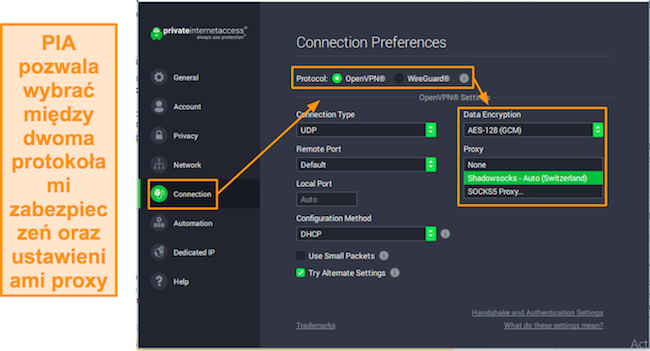 Zrzut ekranu ustawień połączenia PIA w systemie Windows.