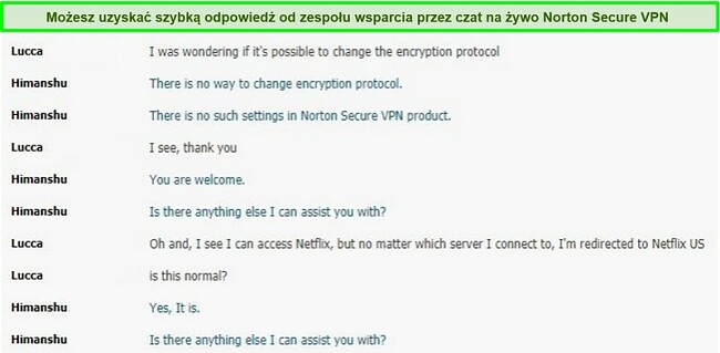 Zrzut ekranu rozmowy na czacie na żywo z obsługą Norton Secure VPN.