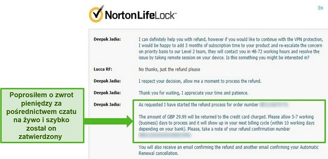 Zrzut ekranu przedstawiający żądanie zwrotu pieniędzy za pośrednictwem całodobowego czatu na żywo w Norton Secure VPN