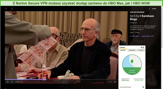 Zrzut ekranu programu Norton Secure VPN odblokowującego HBO Max i ograniczającego entuzjazm za pośrednictwem przesyłania strumieniowego.