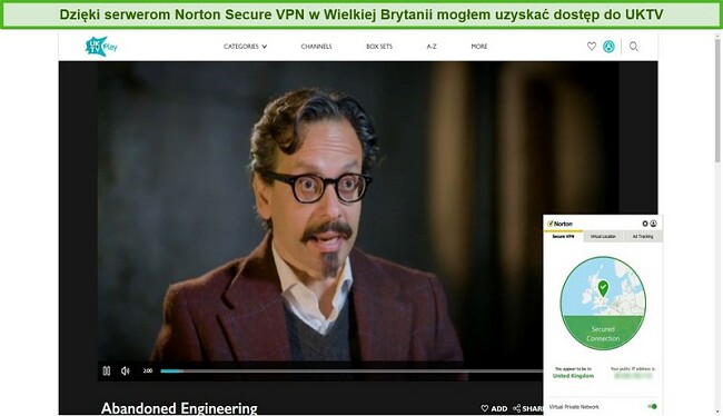 Zrzut ekranu z Norton Secure VPN odblokowującym UKTV i przesyłającym strumieniowo Abandoned Engineering.