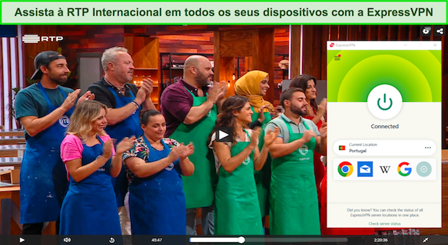 Captura de tela do Masterchef Portugal no site da RTP usando ExpressVPN