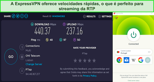 Captura de tela das velocidades super rápidas do ExpressVPN enquanto conectado ao seu servidor em Portugal