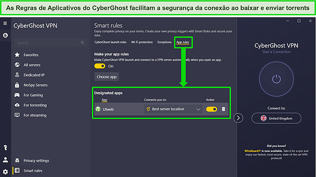 Captura de tela do aplicativo para Windows do CyberGhost com o menu Smart Rules aberto e a configuração App Rules realçada.