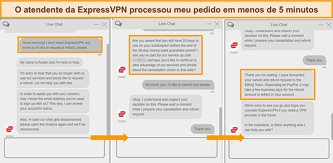 Capturas de tela do agente de chat ao vivo da ExpressVPN processando uma solicitação de reembolso.