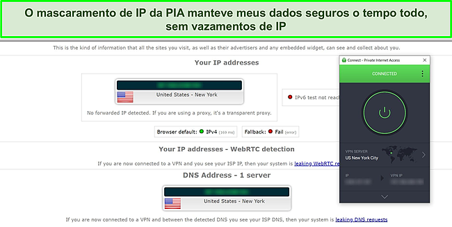 Captura de tela da PIA conectada a um servidor dos EUA com os resultados de um teste de vazamento IPLeak.net.