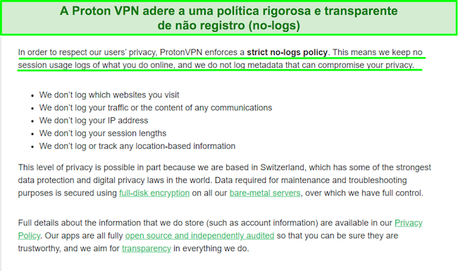 Captura de tela de uma declaração de privacidade da Proton VPN sobre suas práticas de registro
