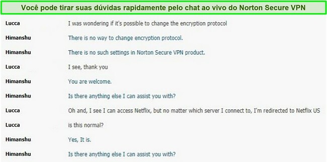 Captura de tela de uma conversa de chat ao vivo com o suporte do Norton Secure VPN.