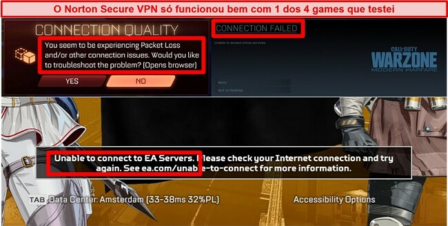 Captura de tela do Norton Secure VPN causando problemas de conectividade em jogos online.