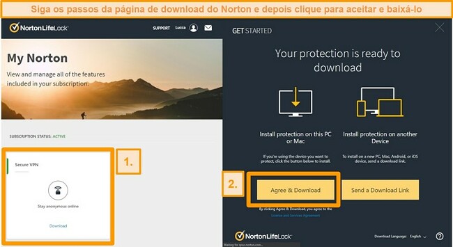 Capturas de tela de Norton Secure VPNs My Norton e páginas de download.