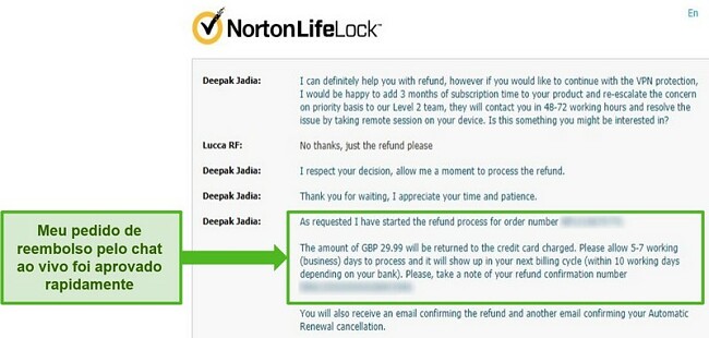 Captura de tela da solicitação de reembolso por meio do bate-papo ao vivo 24 horas do Norton Secure VPN