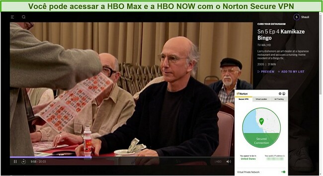 Captura de tela do Norton Secure VPN desbloqueando HBO Max e streaming Limite seu entusiasmo.