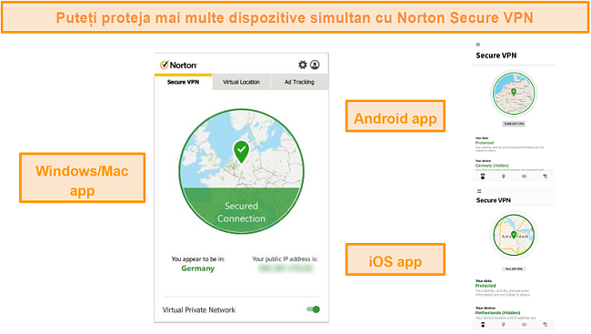 Capturi de ecran ale aplicațiilor Norton Secure VPN pentru Windows, Mac, Android și iOS.