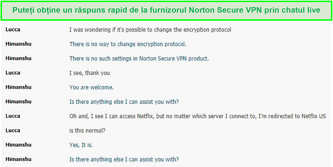 Captură de ecran a unei conversații live chat cu asistența Norton Secure VPN.