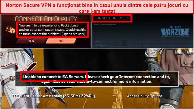 Captură de ecran a Norton Secure VPN cauzând probleme de conectivitate în jocurile online.