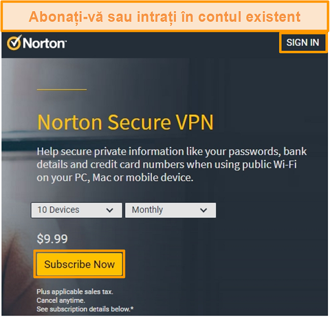 Captură de ecran a paginii de cumpărare a Norton Secure VPN.