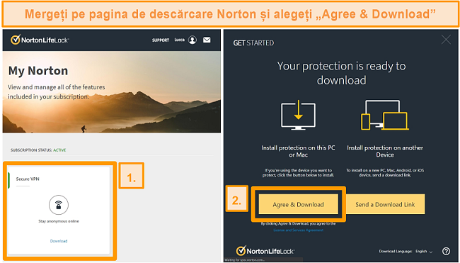 Capturi de ecran ale Norton Secure VPNs My Norton și pagini de descărcare.