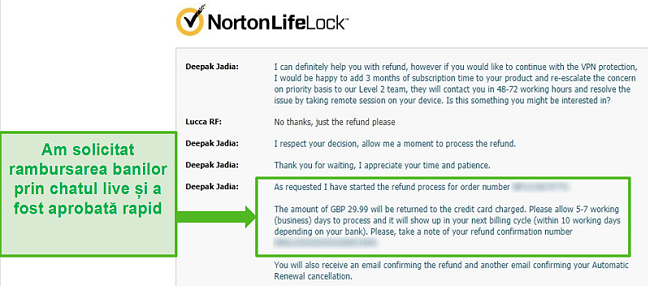 Captură de ecran a solicitării unei rambursări prin chatul live 24/7 al Norton Secure VPN