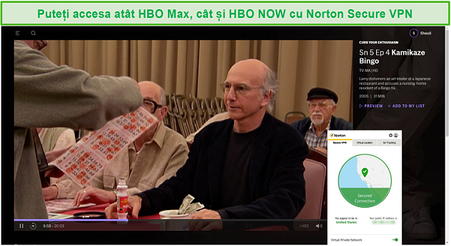 Captură de ecran a Norton Secure VPN care deblochează HBO Max și streaming Curb Your Enthusiasm.