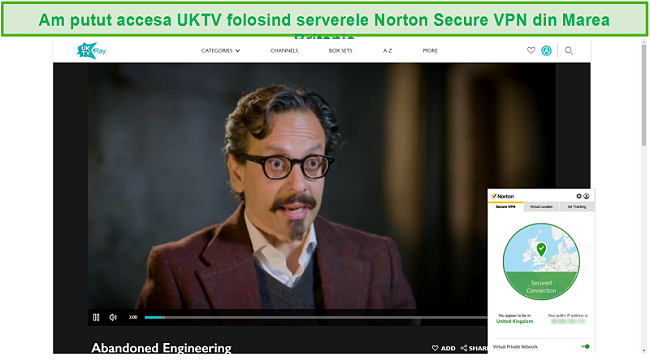 Captură de ecran a Norton Secure VPN care deblochează UKTV și streaming Abandoned Engineering.