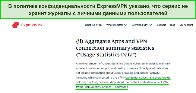Скриншот политики конфиденциальности ExpressVPN в отношении пользовательских данных.