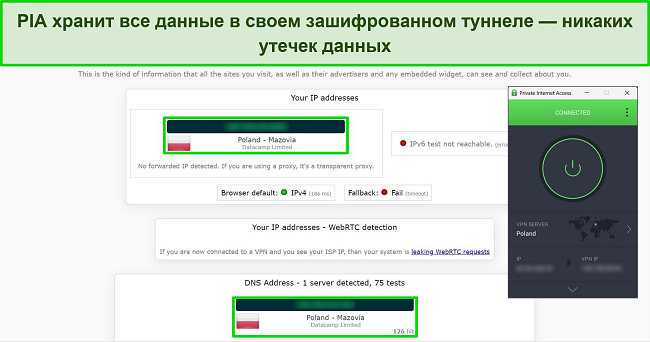 Снимок экрана PIA, подключенного к польскому серверу, результаты теста на утечку показывают отсутствие утечек данных.