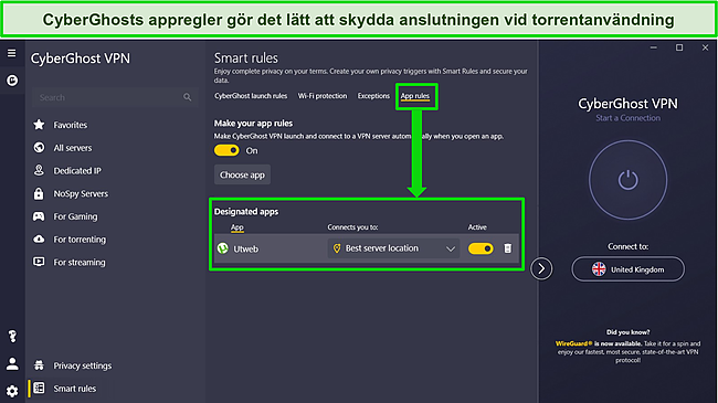 Skärmdump av CyberGhosts Windows-app med Smart Rules-menyn öppen och App Rules-inställningen markerad.
