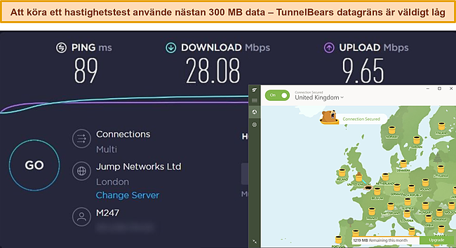 Skärmdump av TunnelBear ansluten till en brittisk server med resultatet av ett hastighetstest från Ookla.