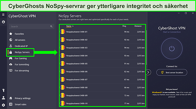 Skärmdump av CyberGhosts Windows-app som visar NoSpy-serverlistan.