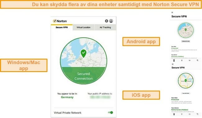 Skärmbilder av Norton Secure VPN Windows-, Mac-, Android- och iOS-appar.