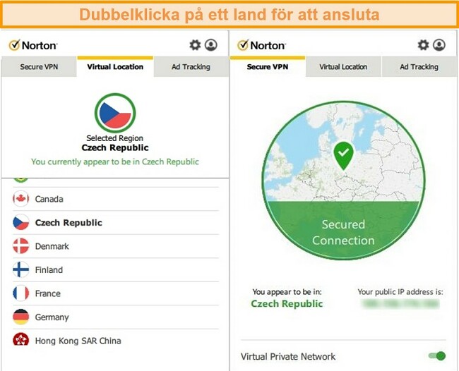Skärmdump av Norton Secure VPN ansluten till en server i Tjeckien.