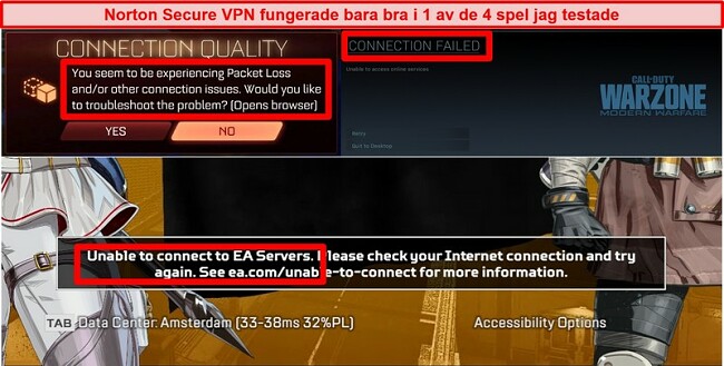 Skärmdump av Norton Secure VPN som orsakar anslutningsproblem i onlinespel.