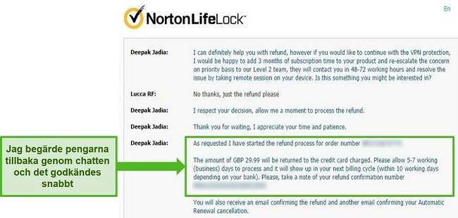 Skärmdump för att begära återbetalning via Norton Secure VPNs 24/7 livechatt