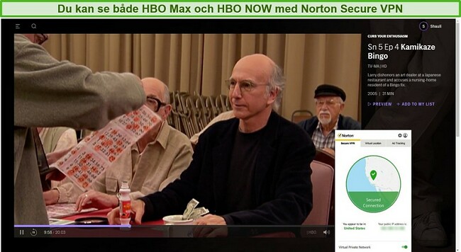 Skärmdump av Norton Secure VPN som avblockerar HBO Max och strömmar Curb Your Enthusiasm.