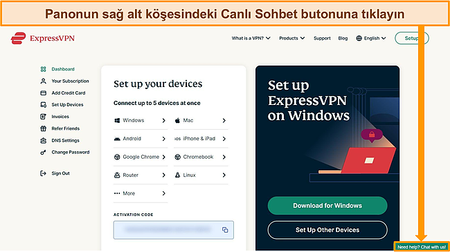 Canlı Sohbet düğmesinin vurgulandığı ExpressVPN hesap panosunun ekran görüntüsü.