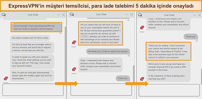 ExpressVPN'in geri ödeme talebini işleyen canlı sohbet aracısının ekran görüntüleri.