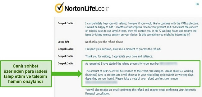 Norton Secure VPN'nin 24/7 canlı sohbeti aracılığıyla geri ödeme talep etme ekran görüntüsü