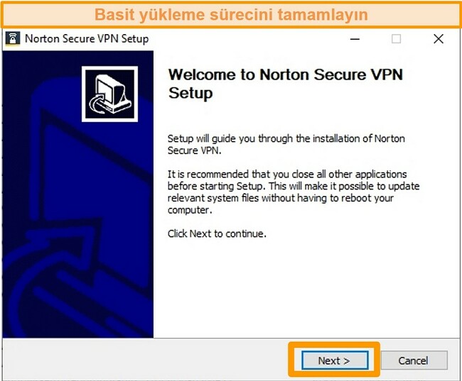 Norton Secure VPN'nin Windows yükleme işleminin ilk adımının ekran görüntüsü.