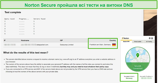 Знімок екрана Norton Secure VPN, який проходить тест на витоки DNS.