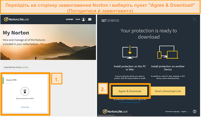 Знімки екрана безпечних VPN мережі Norton та сторінки завантаження.