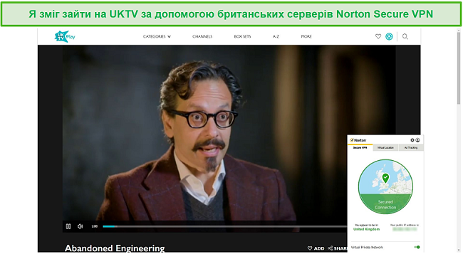 Знімок екрана Norton Secure VPN, який розблоковує UKTV та потокове передавання Покинутої техніки.