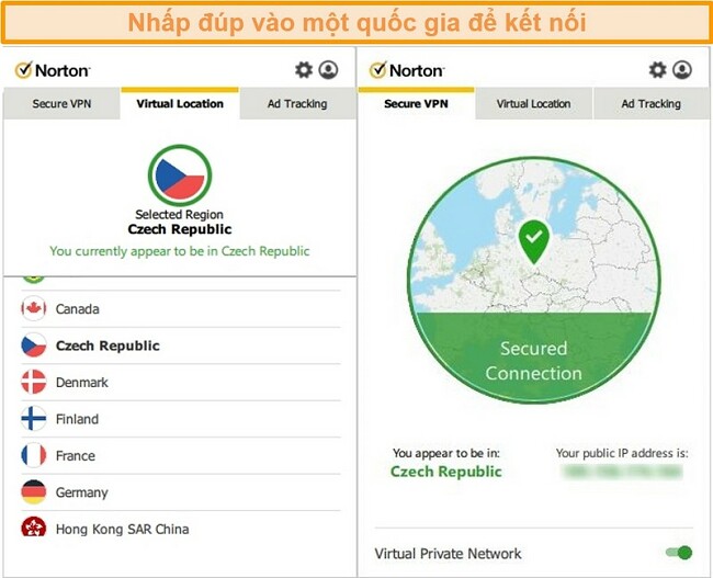 Ảnh chụp màn hình Norton Secure VPN được kết nối với máy chủ ở Cộng hòa Séc.