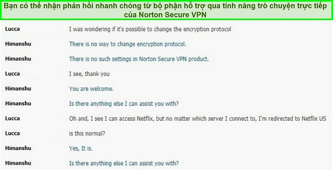 Ảnh chụp màn hình cuộc trò chuyện trực tiếp với hỗ trợ Norton Secure VPN.