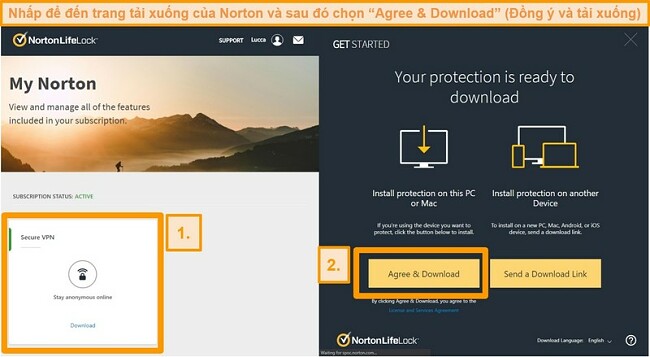 Ảnh chụp màn hình của Norton Secure VPNs My Norton và các trang tải xuống.