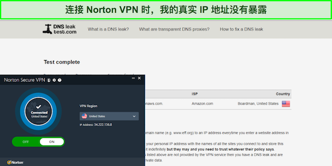 诺顿 VPN 通过我的 DNS 泄漏测试的屏幕截图