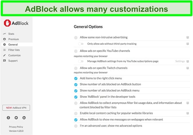 Screenshot showing AdBlock's many customization options